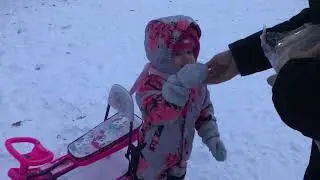 Полина гуляет, кормит уточек и катается с горки на снегокате