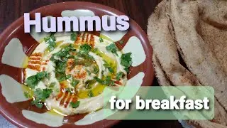 Hummus with kubus ( arabic bread) for #breakfast