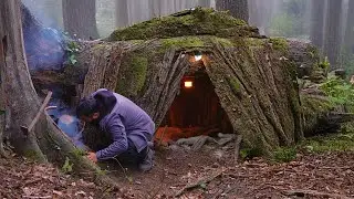 Bushcraft Shelter Camping; Building a BEST Secret Survival Dugout Under a Fallen Tree