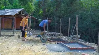 The process of building a place for chickens to feed and bathe