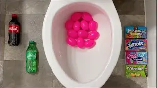 Will it Flush? - Coca Cola, Fanta, Sprite, Mirinda Balloons, Surprise Eggs, M&M's, Candy, Experiment