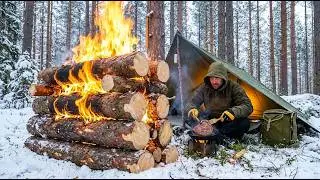 Man Spends 2 Days Building a Winter Survival Camp with a Wall of Fire | by @Swedwoods