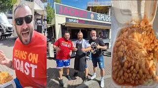 Spudman! American tries first ever jacket potato! Classic cheese and beans! Food Review!