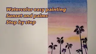 How to draw sunset with palms easy step by step. Free art lessons. Drawing tutorial for beginners.