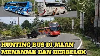 Hunting bus pariwisata di jalan menanjak dan berbelok Jogja.