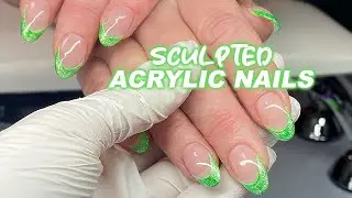 Acrylic Nail Tutorial with Green Glitter French Tips 🐸 Sculpted Nails