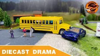 Epic Miniature City Crash: 1/64 Scale Luxury Car vs. American School Bus