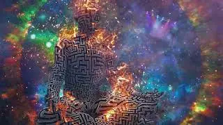 Contemplation and Abstraction: Surrealism, burning figure of man with maze pattern in lotus pose.