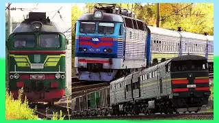 Passenger and freight trains on tracks and stations