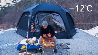 Camping with my senior dog in a quiet winter forest🐾 . Wood stove ASMR