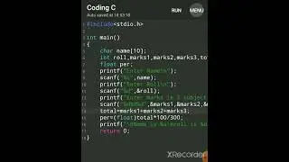 C Program To Accept Name Rol marks in 3 subjects Calculate Total Percentage | C program Tutorial