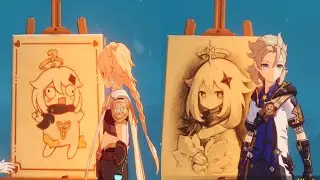 Albedo vs Aether Drawing Paimon Full Scene| Genshin Impact