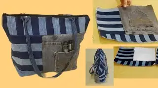 DIY DENIM STRIPE PATCH TOTE BAG WITH FRONT POCKET MADE FROM OLD JEANS