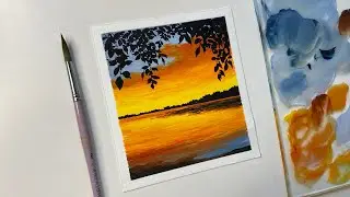 Sunset painting/ landscape painting for beginners/ gouache painting tutorial/ silhouette painting
