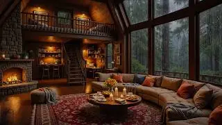Quiet Fireplace Cabin Evening Jazz 🔥 Gentle Jazz Music and Heavy Rain Sounds for Unwinding