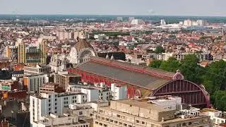 Birds eye view of the Antwerp Central Station and the surrounding cityscape. Residential, commercial