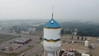 Wildfire Drone in Smoke Wetaskiwin Water tower. Summer of 2021 