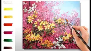 Sakura and flowers. How to paint landscape 🎨ACRYLIC tutorial DEMO