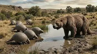 Megatherium and glyptodonts sharing the water hole.