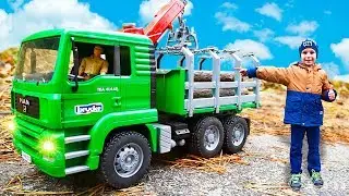Timber truck Bruder lost logs JCB tractor came to the rescue | Toys 2 boys