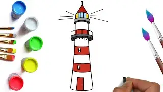 How to draw a lighthouse tower, easy drawings for children and kids, how to draw a sea lighthouse