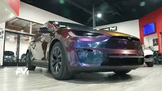 TESLA MODEL  X  with Amazing Maroon  Rainbow Vinyl Wrap