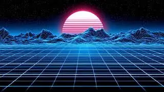 Synthwave Neon Blue Grid Floor Wireframe Mountains Pink Sun Seamless Motion Background Loop 4K 60FPS