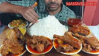 massive lunch items chicken curry,fish head curry ,fish curry and prawn vegetables jhuri and pulses