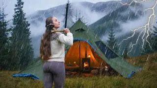 🌧️2 Days Solo Camping on a Mountain in Heavy Rain with My Dog | Wood Stove ASMR