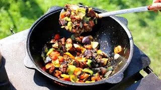 БАКЛАЖАНЫ С КУРИЦЕЙ ПО-КИТАЙСКИ В КАЗАНЕ НА КОСТРЕ