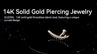 14K Solid Gold Curved Design Threadless Labret Stud with Black CZ Stone