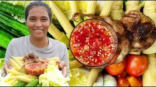 #nika vegetables eating / Bamboo shoot, Corn 🌽 Core, Quail Grill, Sponge Gourd with Chili 🌶 Sauce