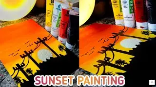 Sunset painting | Power lines at sunset painting | Sunset painting for beginners with acrylic colors