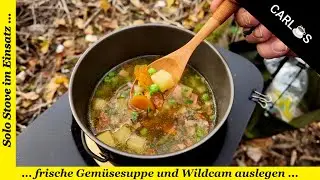 Frische Gemüsesuppe am Solo Stove und die Wildkamera auslegen.