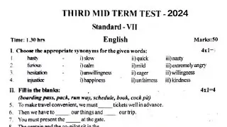 7th English Third mid term exam Question Paper 2024|7th English 3rd mid term question paper 2024