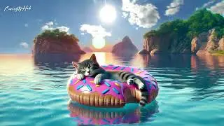 Serene Jazz Vibes: Relaxing Cat Floating on a Donut - Stress Relief & Focus Music