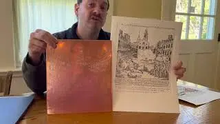 Artist Andy Volpe explaining the hand-engraved printing of the Boston Massacre image by Paul Revere