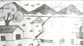 Scenery drawing ll river scenery drawing ll sea scenery drawing ll village scenery drawing
