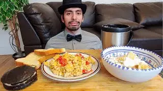 BREAKFAST MUKBANG: EGGS, BREAD, APPLE VANILLA YOGURT, PASTRY AND HOT CHOCOLATE