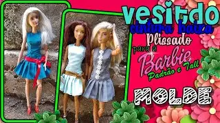#COSTURANDO  Molde do vestido citura baixa plissado para a Barbie Padrão e Tall