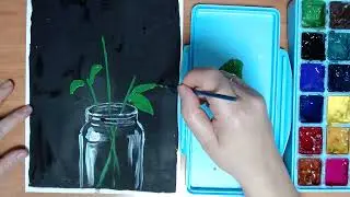 Обучающее видео. Цветы на черном фоне в стеклянной банке ватными палочками и гуашью
