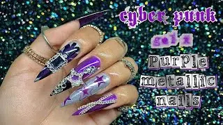 PURPLE METALLIC CYBERPUNK GEL X NAILS || PAINTED DESERT XL STILETTO QUICK GEL TIPS
