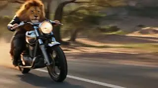 Strange lion He's riding a motorcycle just like a humanThe baby panda is running behind 