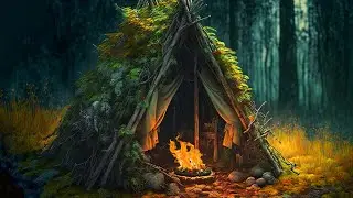 Cozy Bushcraft Shelter 🛖 Campfire Ambience 🔥 Relaxing Fire Sound for Sleeping