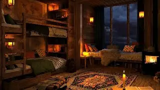 Cozy Cabin Ambience with Gentle Night Rain and Crackling Fireplace Sounds | 8 Hours