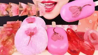 PINK FOOD ASMR CHERRY BLOSSOM MOCHI, CAKE POPSICLE, JELLY SPOON EATING SOUNDS 찹쌀떡 젤리 먹방 大福, 桜ゼリー 咀嚼音