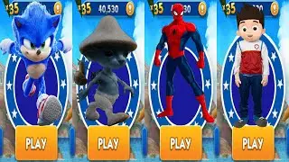 Sonic Dash vs Spiderman Run vs Cat Smurf Meme Runner vs PAW Patrol Ryder Run - All Characters Unlock