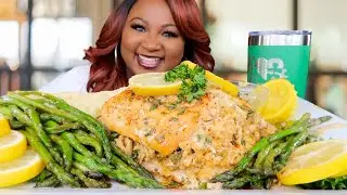 MY DAUGHTER MADE ME CRAB STUFFED SALMON + GARLIC CREAM SAUCE | SEAFOOD MUKBANG