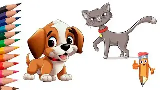How to draw a cartoon puppy step by step, how to draw a gray cat