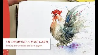 New brushes and paper for drawing postcards. Testing. Drawing a postcard with a rooster.